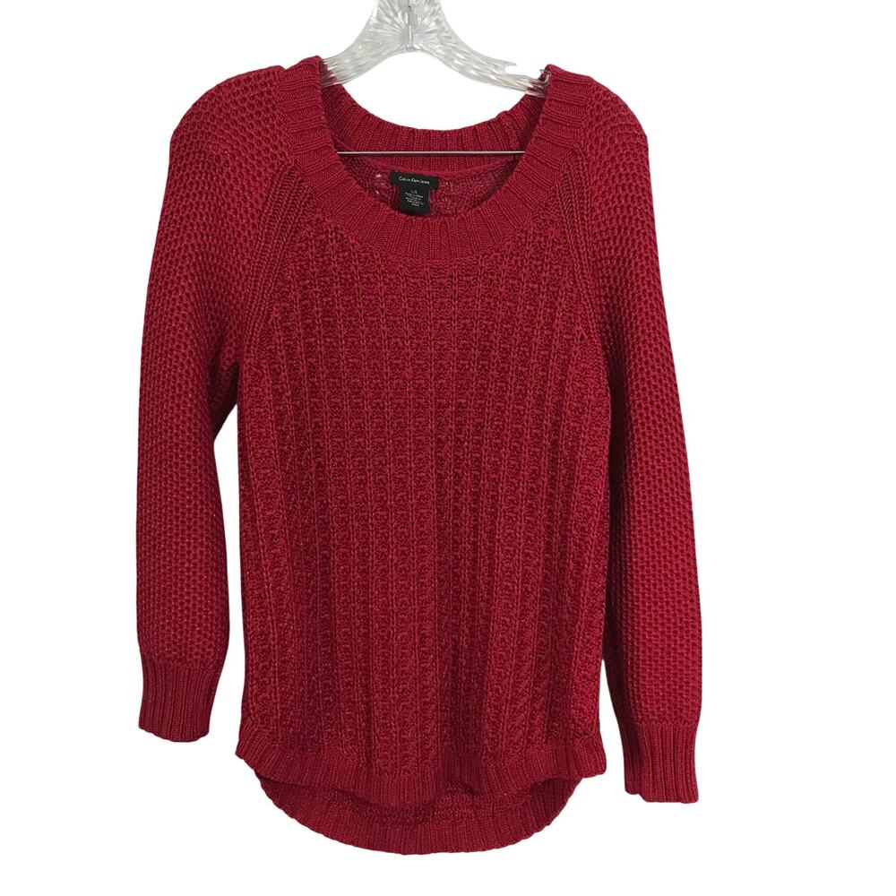 Calvin Klein Sweater Large Womens Long Sleeve Red Loose Weave Round Neckline L